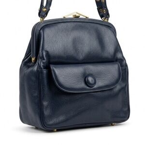 Rare! Zenith Handmade Vtg Navy Blue Leather Frame Crossbody Bag Kisslock Lg